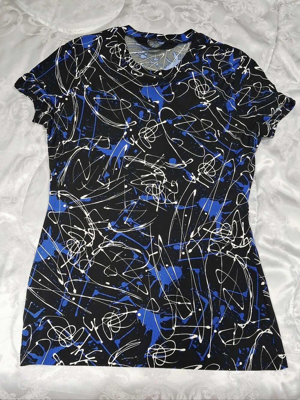 Norma Kamali Slinky Abstract Paint Splatter Fitted Tee Black Blue Large